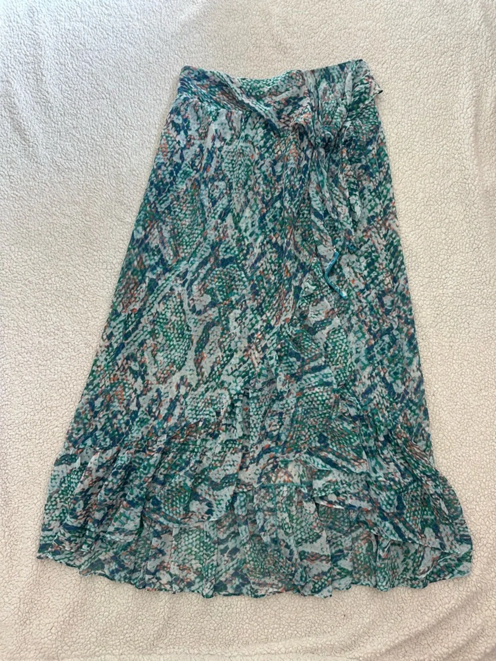 Ramy Brook Snakeskin Smocked Ruffle Maxi Skirt Swim Cover Up Sz L Resort Beach